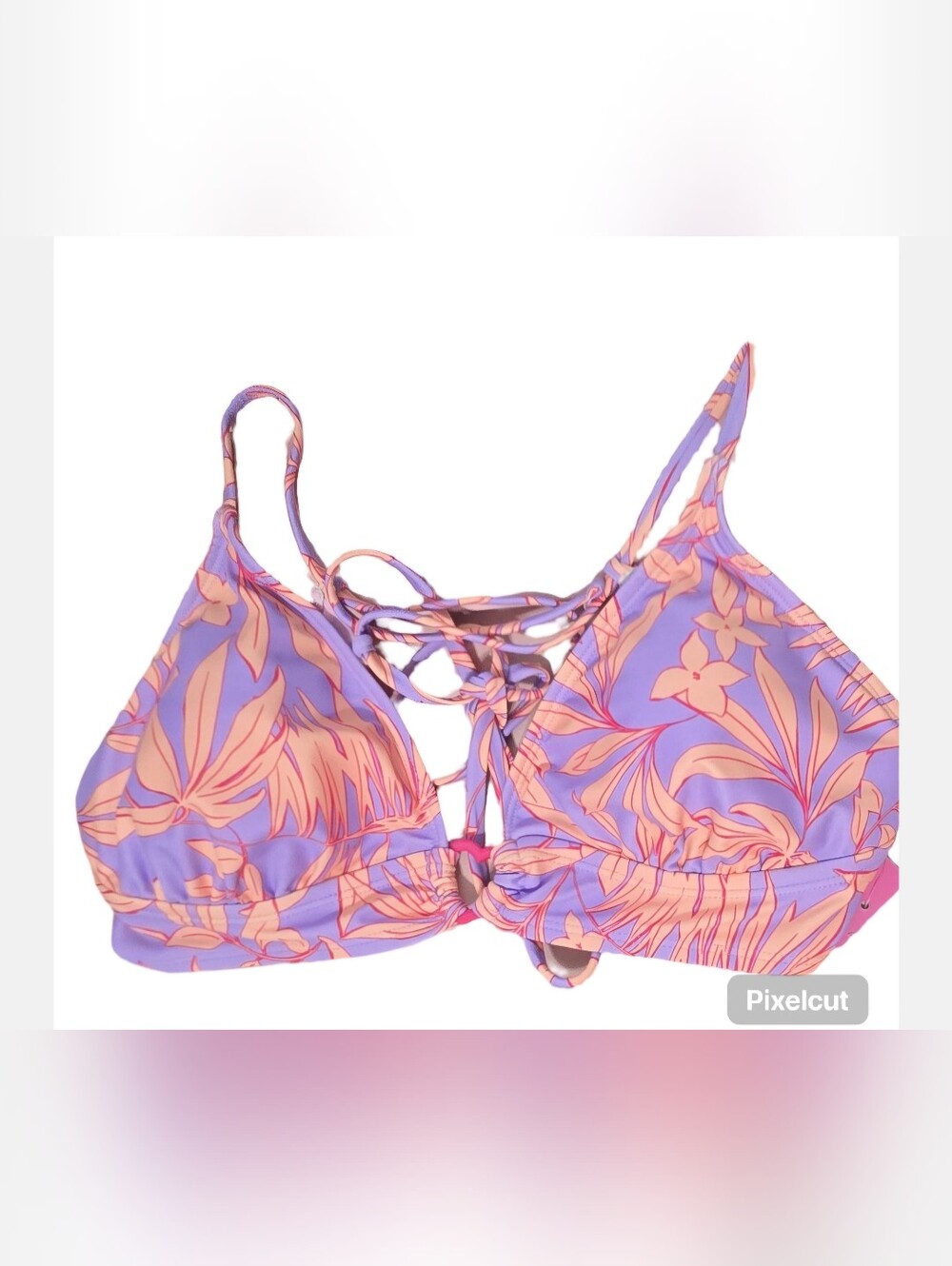 Freshwater Floral Lace-Up Bikini Top Purple & Peach Swim Vacation Beach XXL NWT
